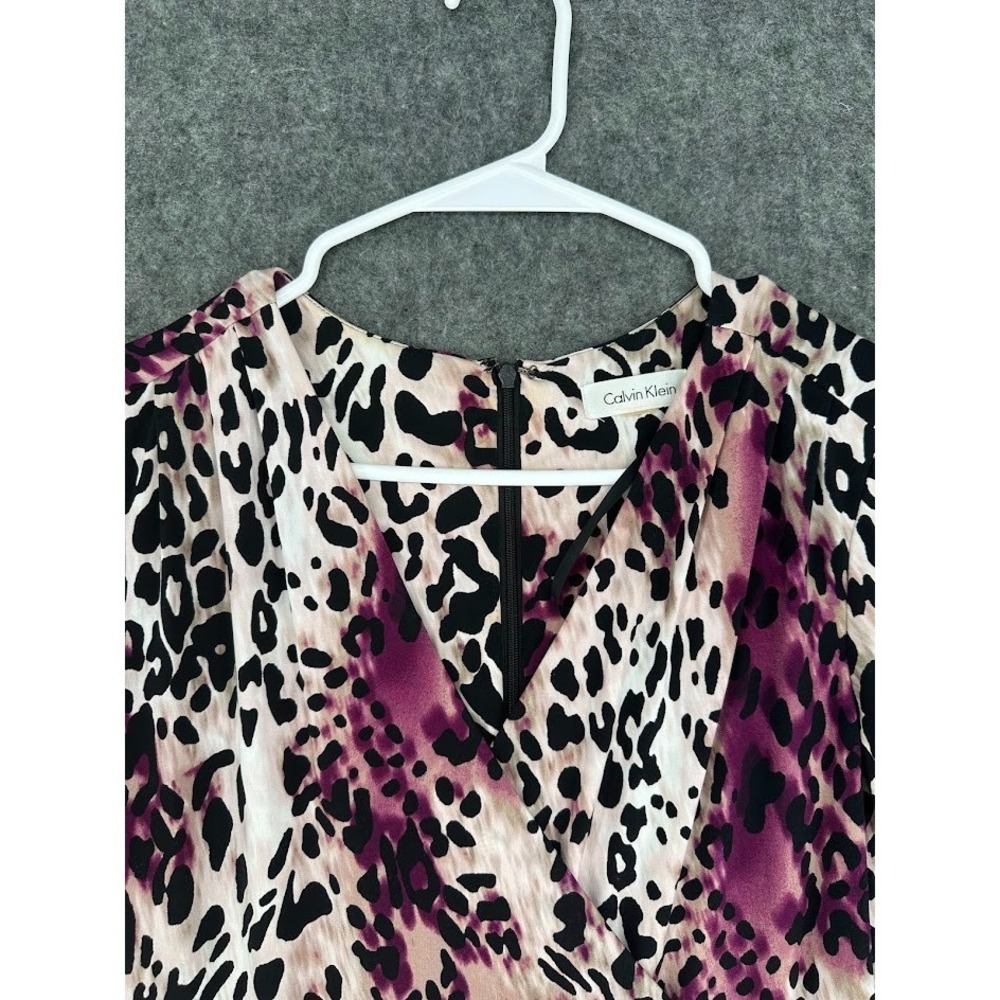 Calvin Klein Leopard Print Dress Women M Wrap Style Purple Black Knee Length - Picture 4 of 13